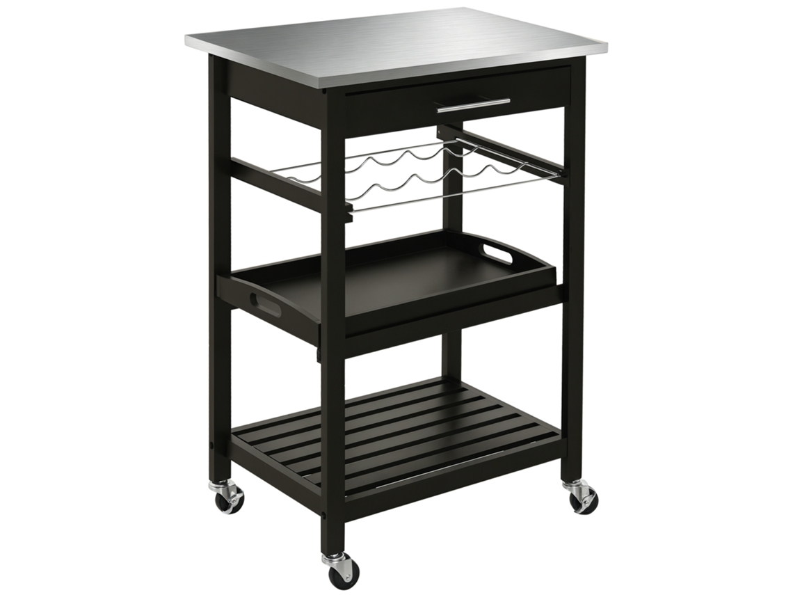 Carrinho de servir/cozinha com rodízios e prateleira para garrafas (60x40x85cm) com tampo em aço inox em preto