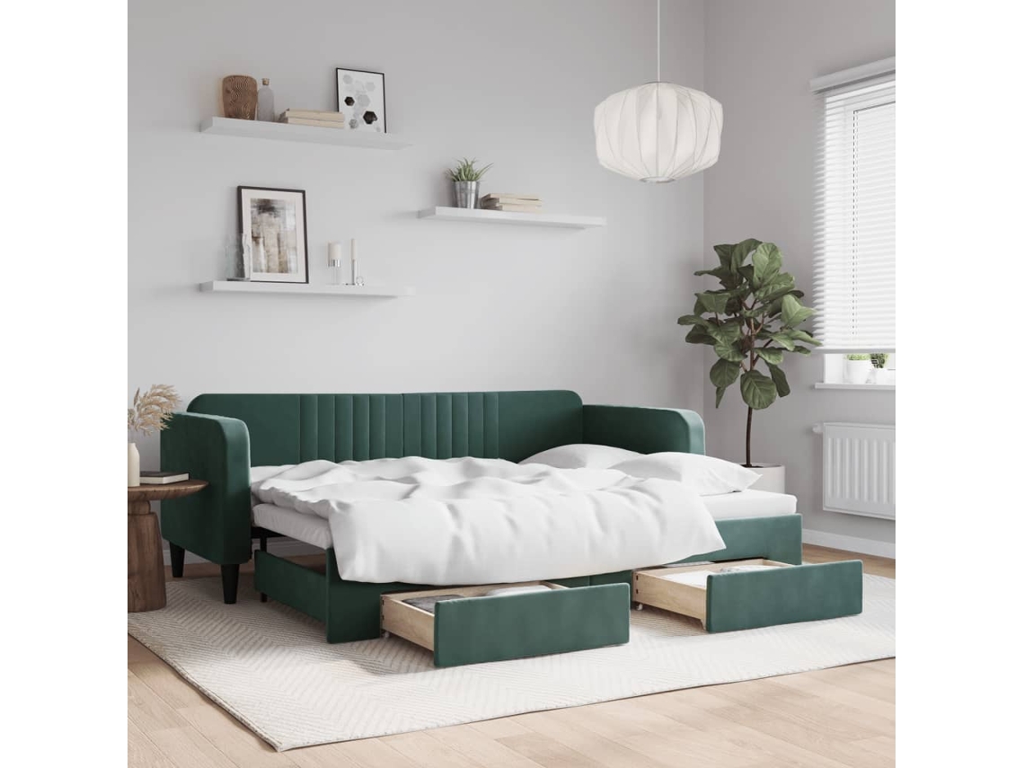 Sofá Cama De Solteiro Com Gavetas Gavetão Lovely Home Madeira Veludo Verde (80x200cm)