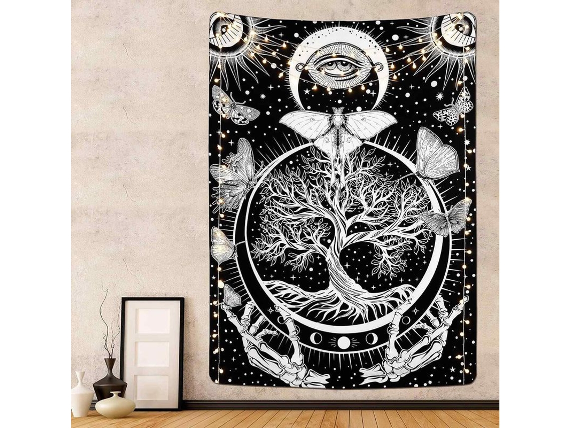 Tapestry De Mariposa, Árbol De La Vida, Sol Y Luna, Mural De Esqueleto En Blanco Y Negro