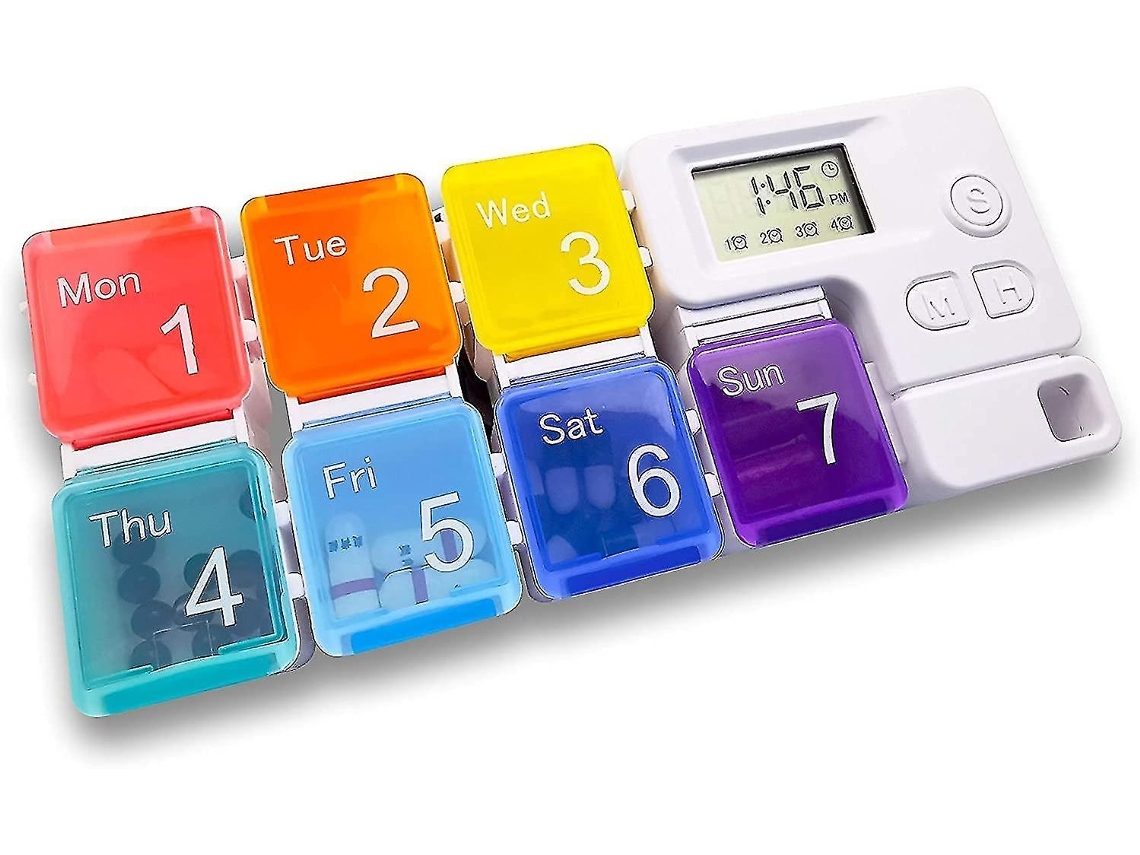 Caixa eletrônica para comprimidos com alarme, 7 compartimentos, dispensador automático de lembrete de medicamentos para idosos e idosos