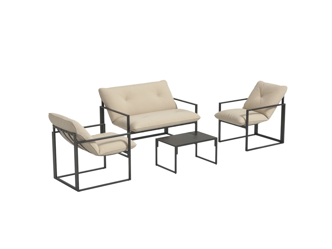 Conjunto De Jardim De 4 Peças Com Sofá, 2 Poltronas E Mesa De Centro, Aço, Poliéster E Algodão Pp, Bege E Cinza.