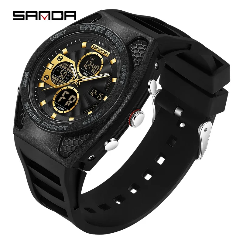 Relógio Eletrônico Masculino Elegante e Esportivo, Cronógrafo Multifuncional, Luminoso, com Alarme À Prova D'água. MDUG (preto e Dourado)