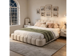 Cama Estofada 160 X 200 Cm, Cama Plana Com Encosto E Rebordo Almofadados, Estrutura De Ripas, Linho, Sem Colchão