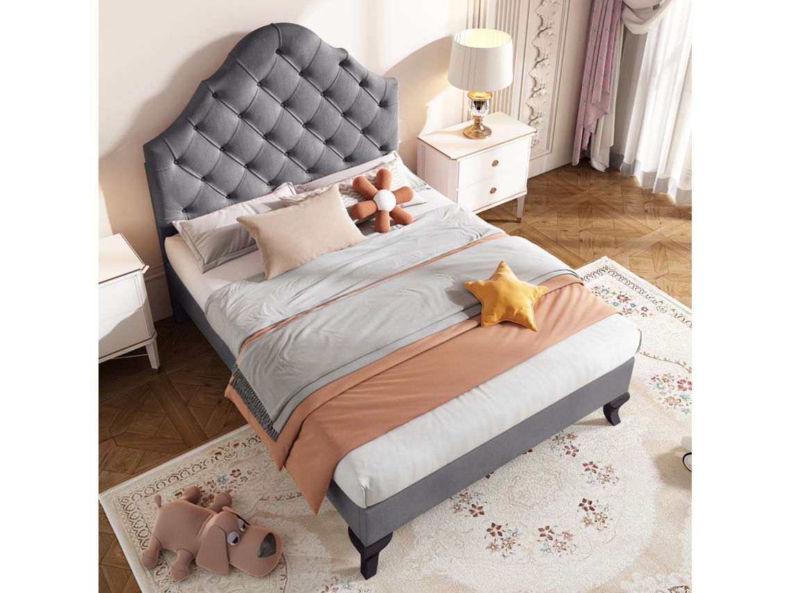Cama Estofada 90x200 Com Ripas E Cabeceira Ajustável, Suporte De Madeira, Montagem Fácil, Veludo Cinza Para Adultos E Jovens.