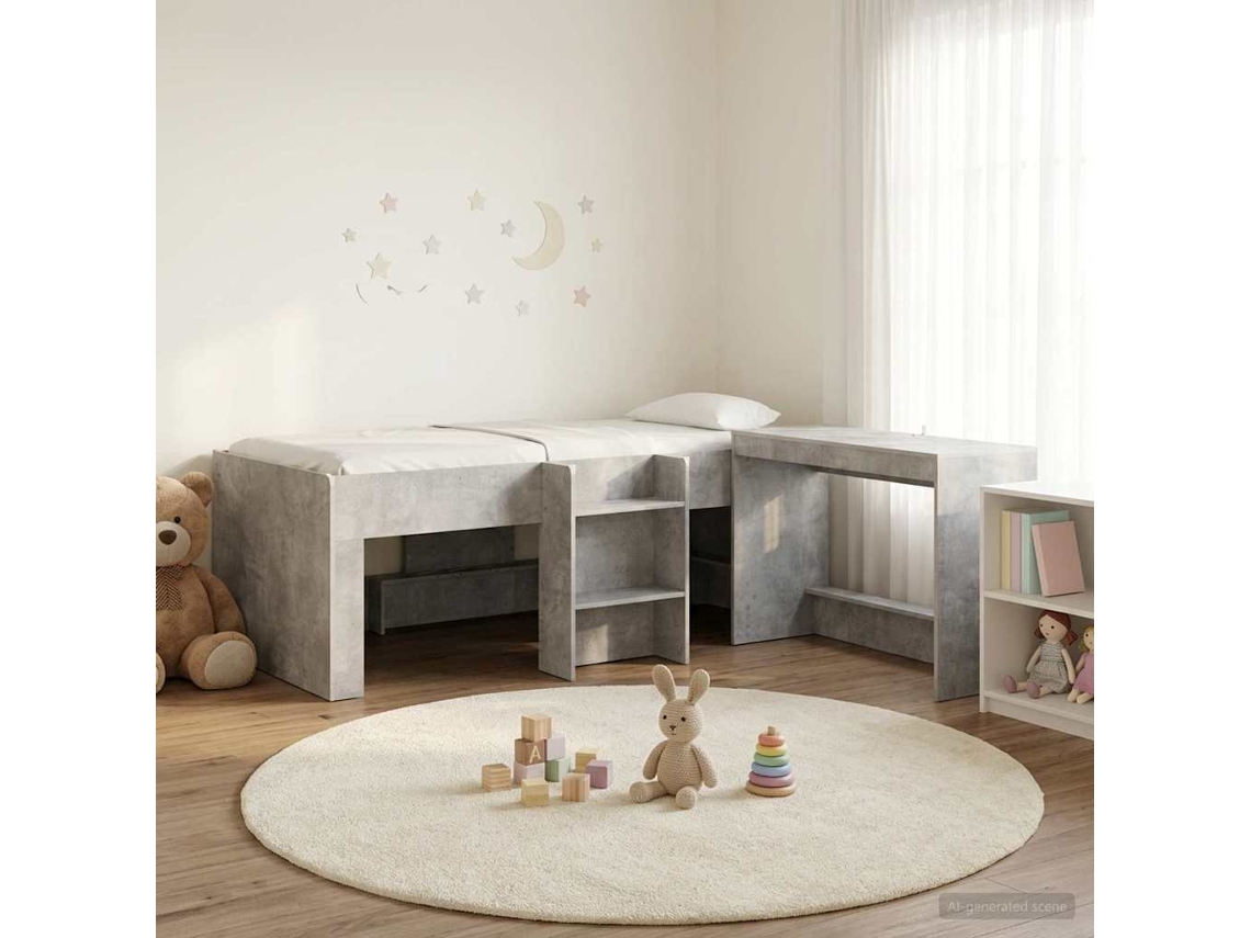 Vidaxl Cama Alta Para Crianças Com Mesa Cinzento Cimento 75 X 190 Cm