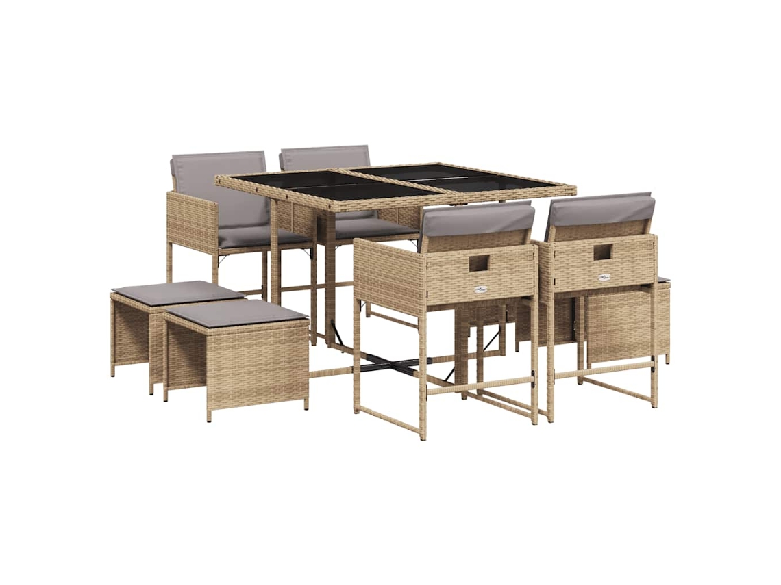 Conjunto de 9 Jantar para Jardim com Almofadões Vime Pe Bege Misturado MAISON EXCLUSIVE