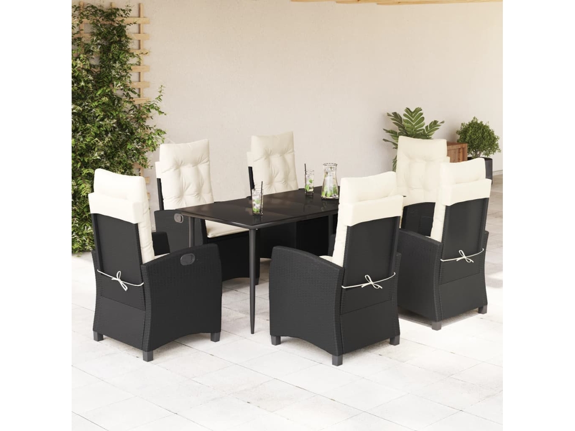Vidaxl 7 Pcs Conjunto De Jantar P/ Jardim C/ Almofadões Vime Pe Preto