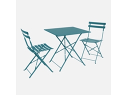 Conjunto De Jardim Com Mesa Bistrô Dobrável Em Aço Com 2 Cadeiras, 70cm, Azul Esverdeado