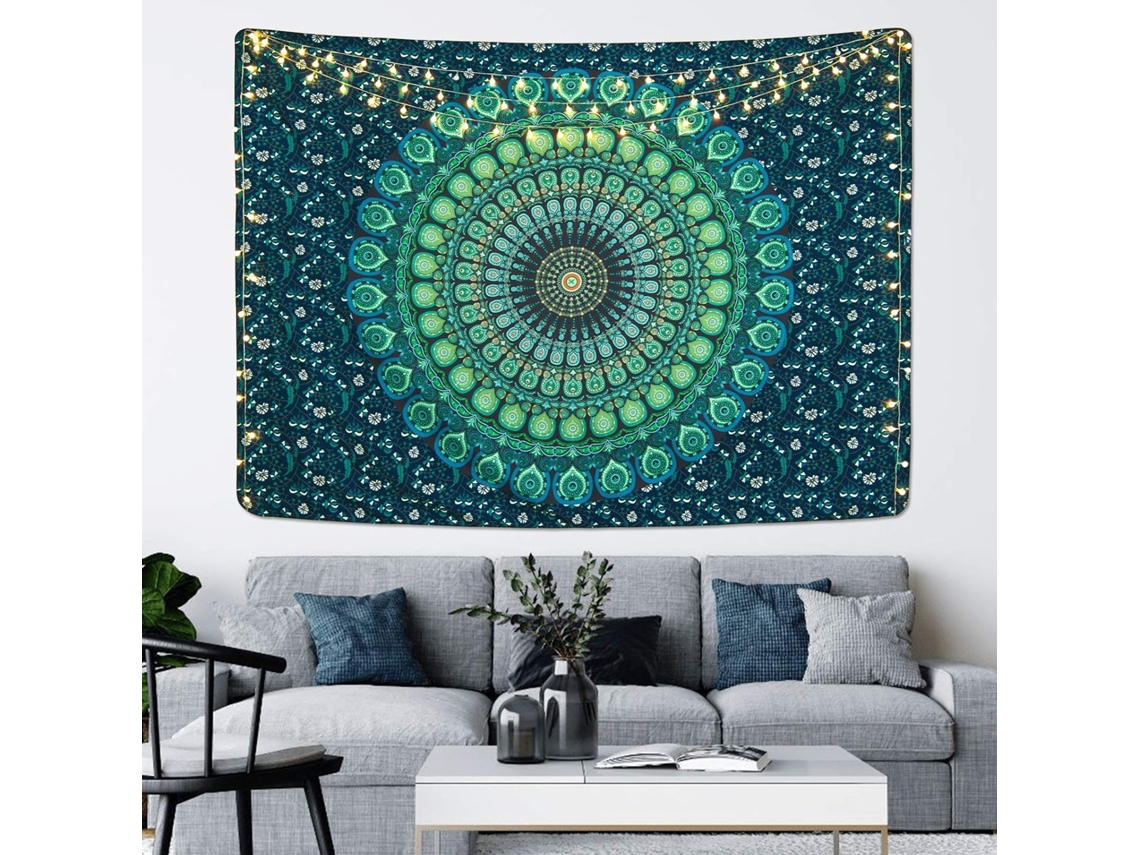 Tapeçaria de Parede Mandala Boêmia, Decoração Hippie, Pavão Psicodélico B BRILVIBERA