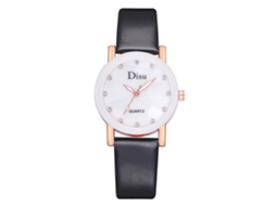 Relógio de Pulso de Quartzo Casual com Strass Pulseira de Couro Pu Simples Redondo Preto Disu