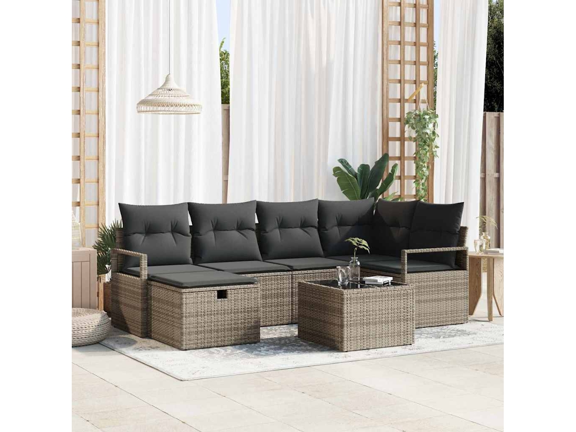 Vidaxl Conjunto De Sofá De Jardim 7 Unid. Cinzeto Vime Pe