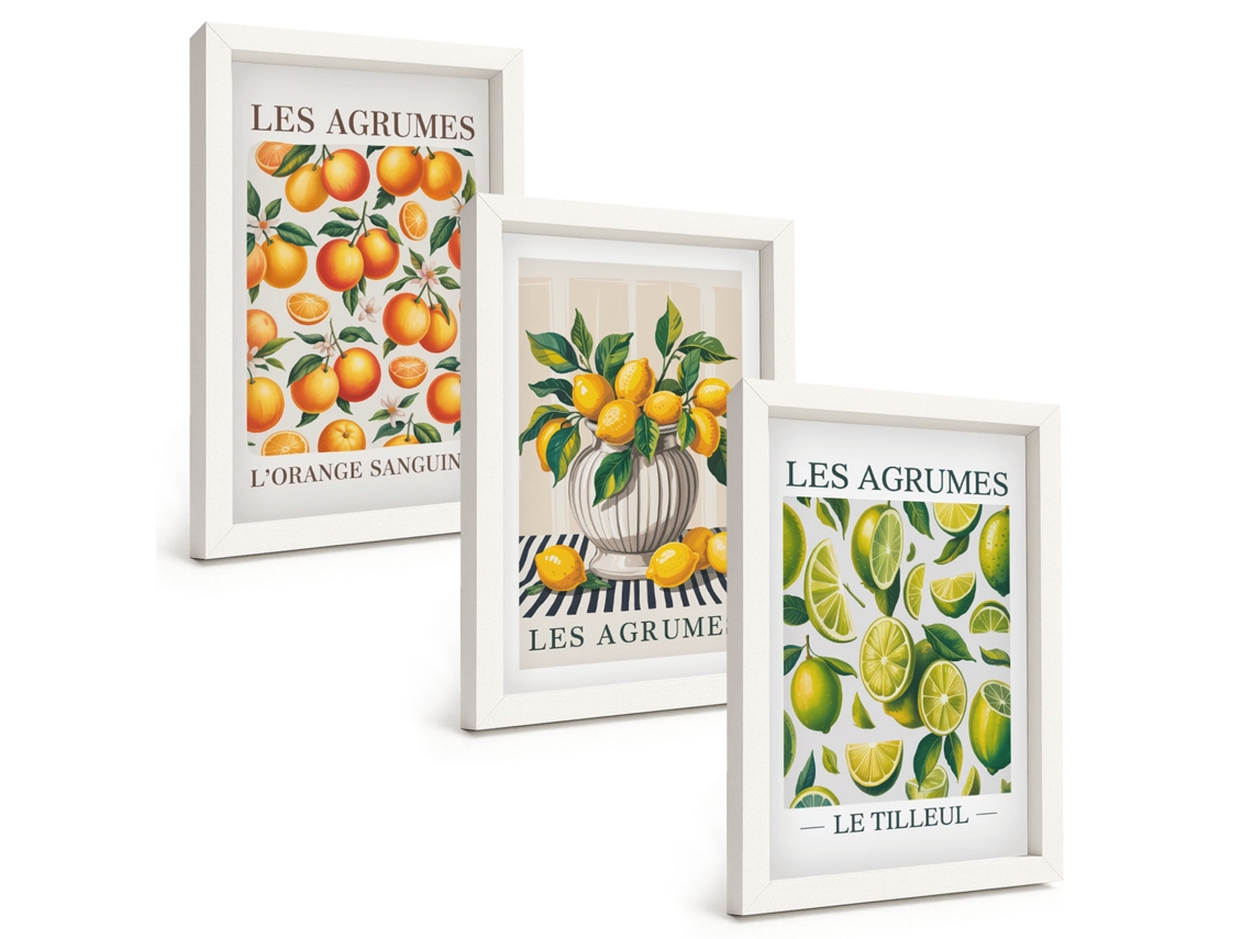 Um Conjunto De Imagens Decorativas Em Uma Moldura Frutas Cítricas Coloridas Moldura Branca Pinturas De Quarto Espelharte (3 Peças 20x30 Cm)