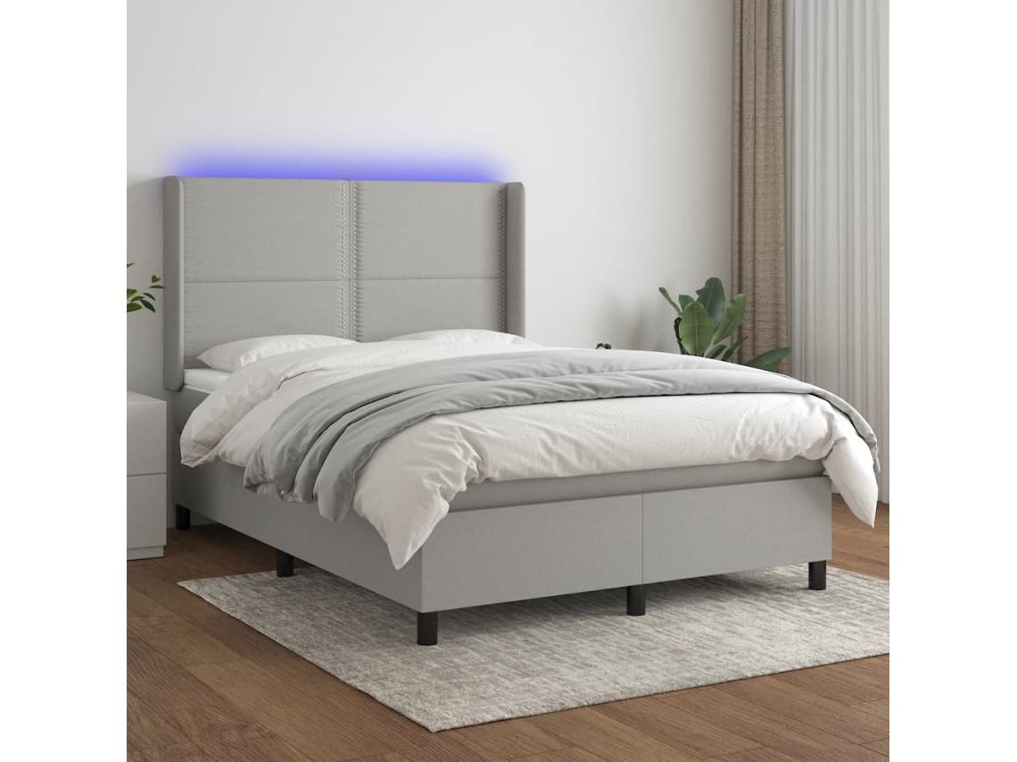 Vidaxl Cama Box Spring C/ Colchão E Led 140x200 Cm Tecido Cinza-claro