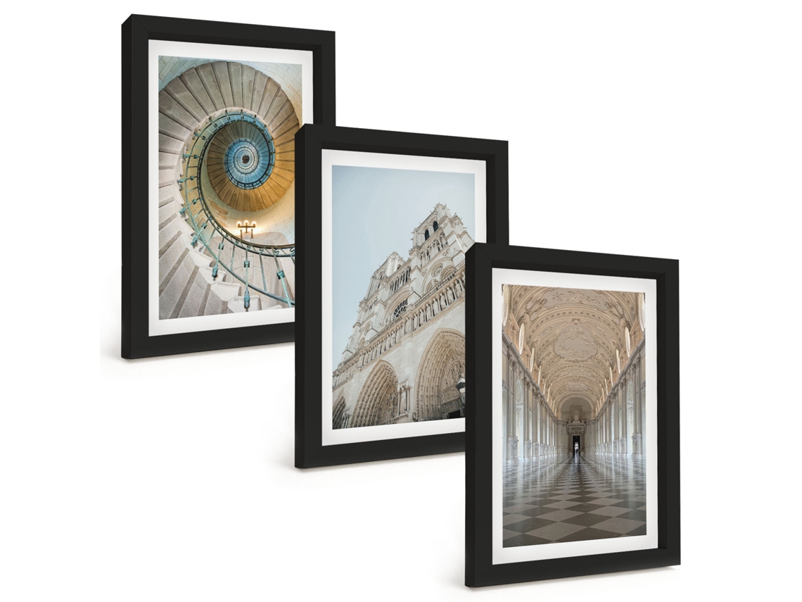 Pinturas Murais Modernasescada Em Espiral, Fachada De Catedral Moldura Preta Fotos Para O Corredor Espelharte (3 Peças 20x30 Cm)
