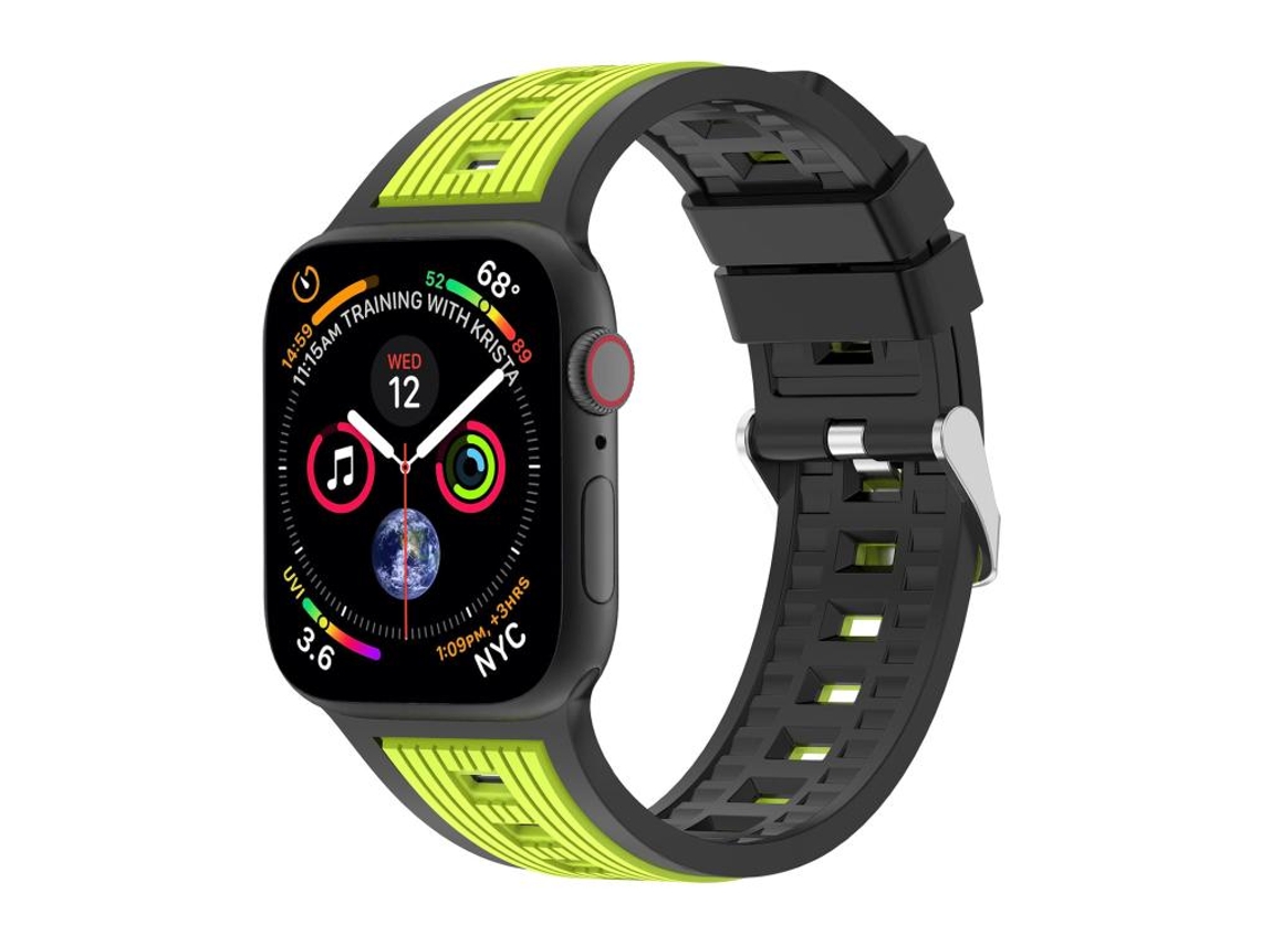 Bracelete Para Apple Watch 46/49/45/44mm - Silicone Com Listras Verticais Em Dois Tons Preto + Verde-limão