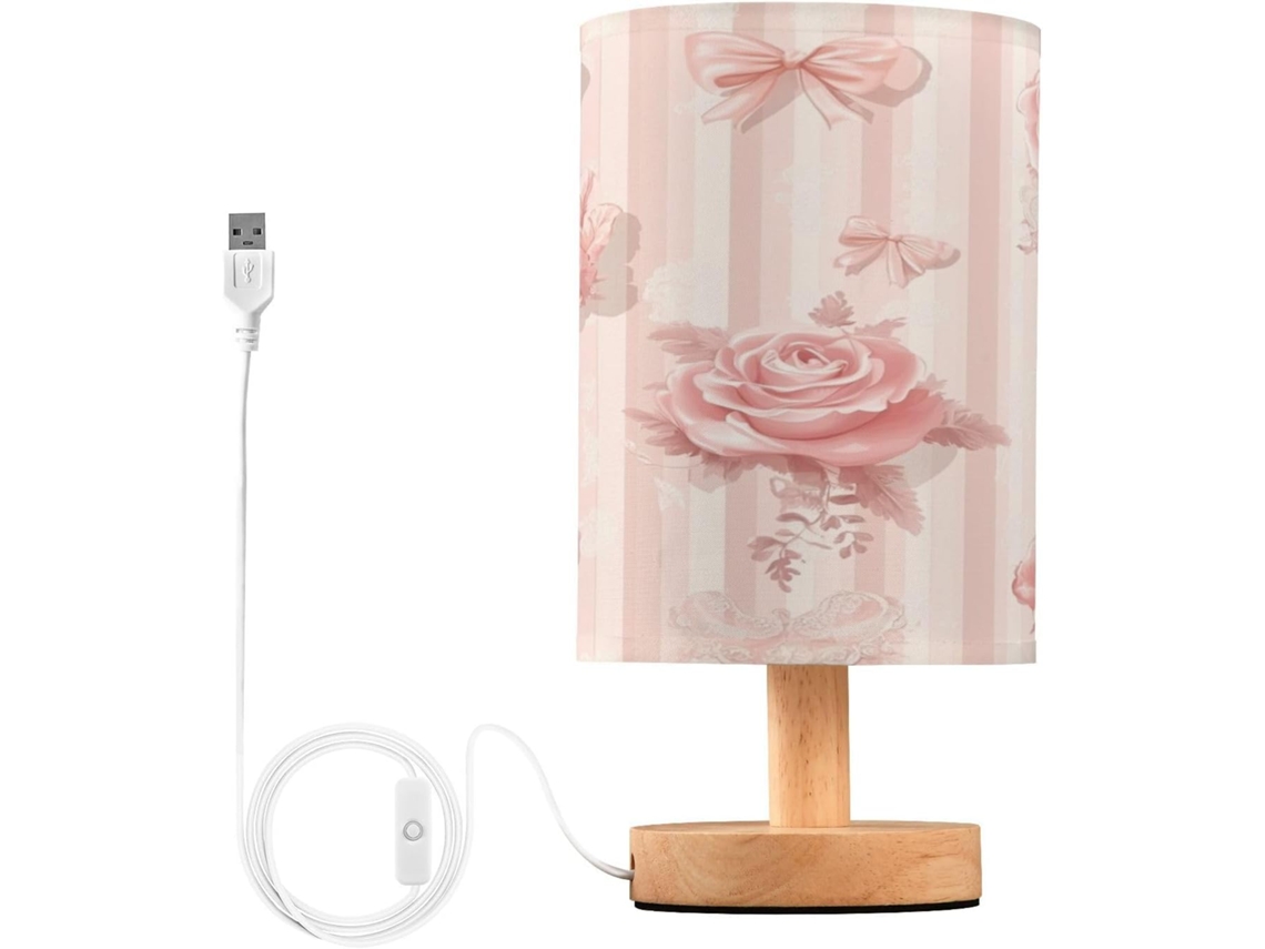 Abajur De Cabeceira Com Rosa Laço Para Quarto, Portas De Carregegamento Usb C, Luminária De Mesa Cabeceira, Luminária De