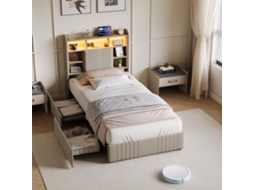 Cama De Solteiro Infantil 90x200cm, Com Led, Usb E 2 Gavetas, Cabeceira Com Espaço De Arrumação, Linho, Bege, Sem Colchão