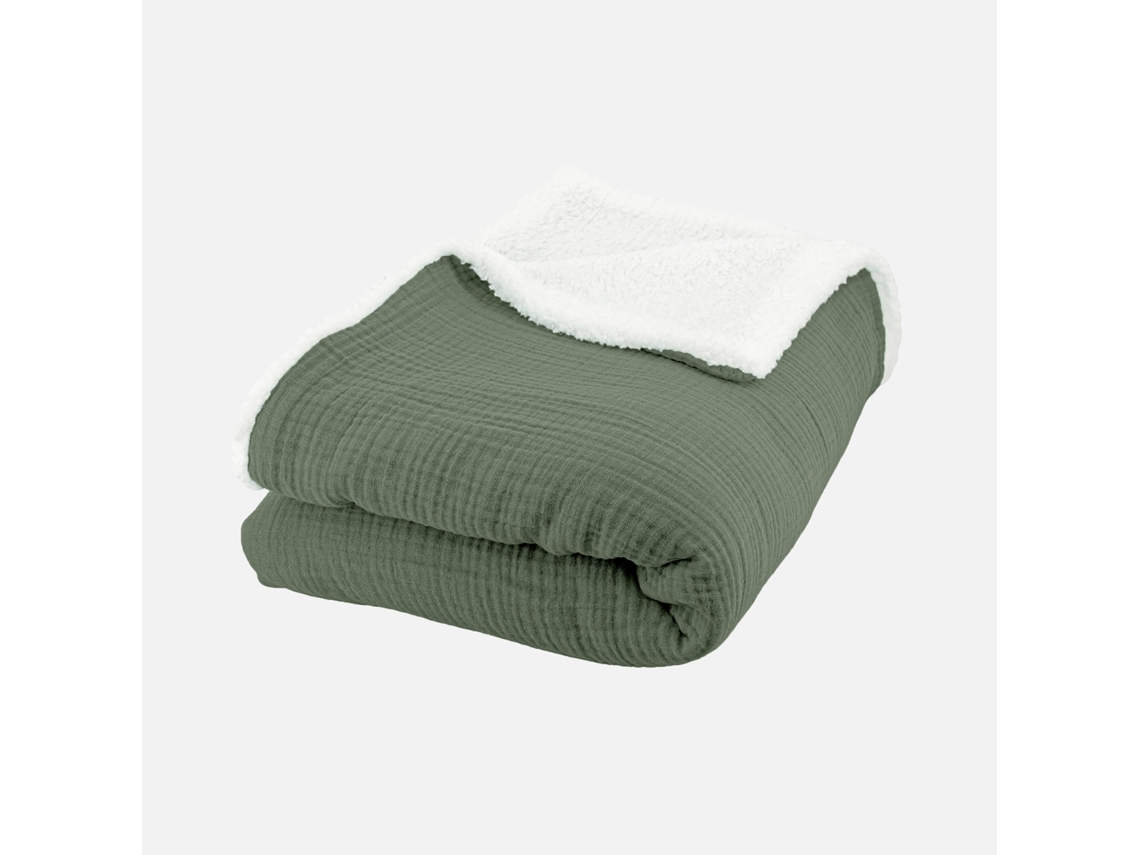 Manta Sherpa E Gaze De Algodão, 170cm, Verde Caqui