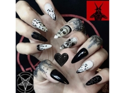 Unhas Postiças Prensadas Sobre Unhas Caixão Acrílico Cobertura Completa Unhas Postiças Paraes E Meninas 24 Unidades Caveira Preta*