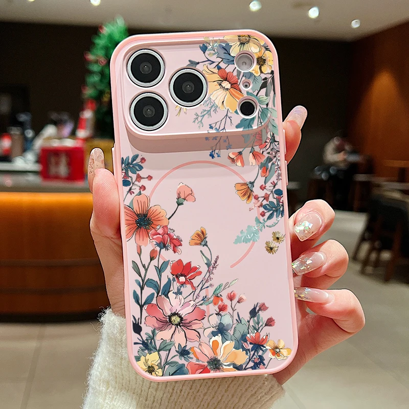 Capa Rígida De Policarbonato Para Iphone 16 Pro Com Estampa Floral Romântica E Sistema Magnético (rosa).