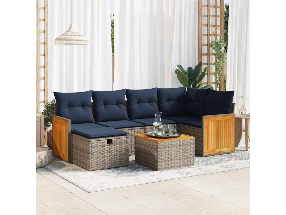 Vidaxl 7 Pcs Conjunto Sofás P/ Jardim C/ Almofadões Vime Pe Cinzento