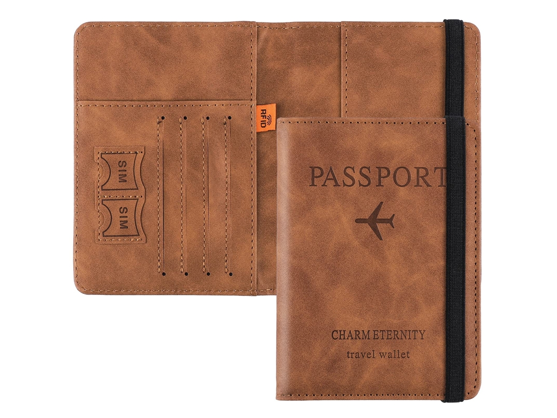 Porta-passaporte De Viagem, Em Couro Pu, Cor Camelo, Com Proteção Rfid, Compartimentos Para Cartões E Documentos