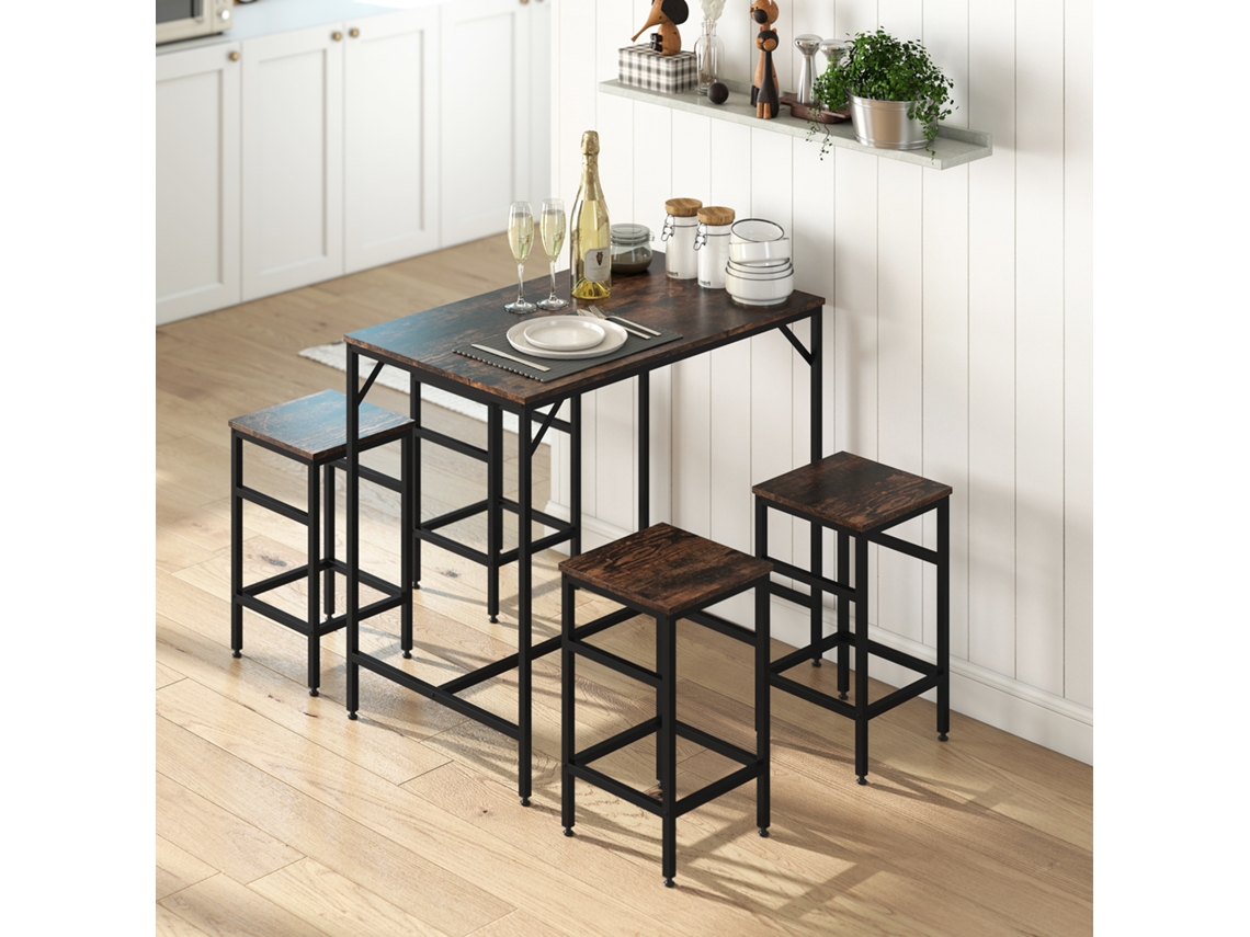 Conjunto de bar preto e nogueira: mesa e 4 bancos