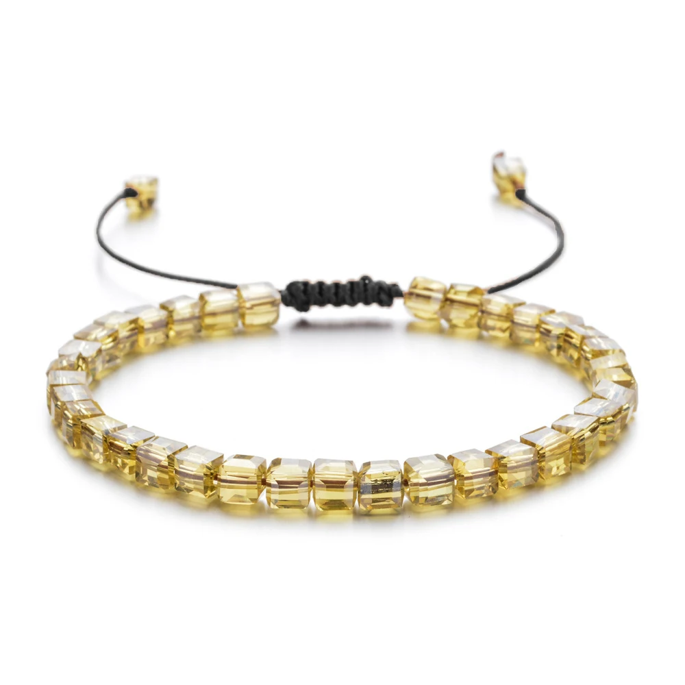 Pulseira Quadrada Com Contas De Cristal E Cordão Trançado Ajustável.