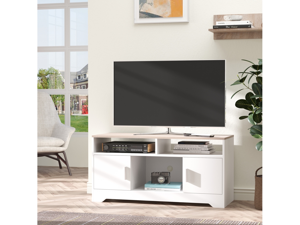 Móvel De Tv 105x40x52 Cm Branco E Madeira Com Prateleiras E Passa Cabos