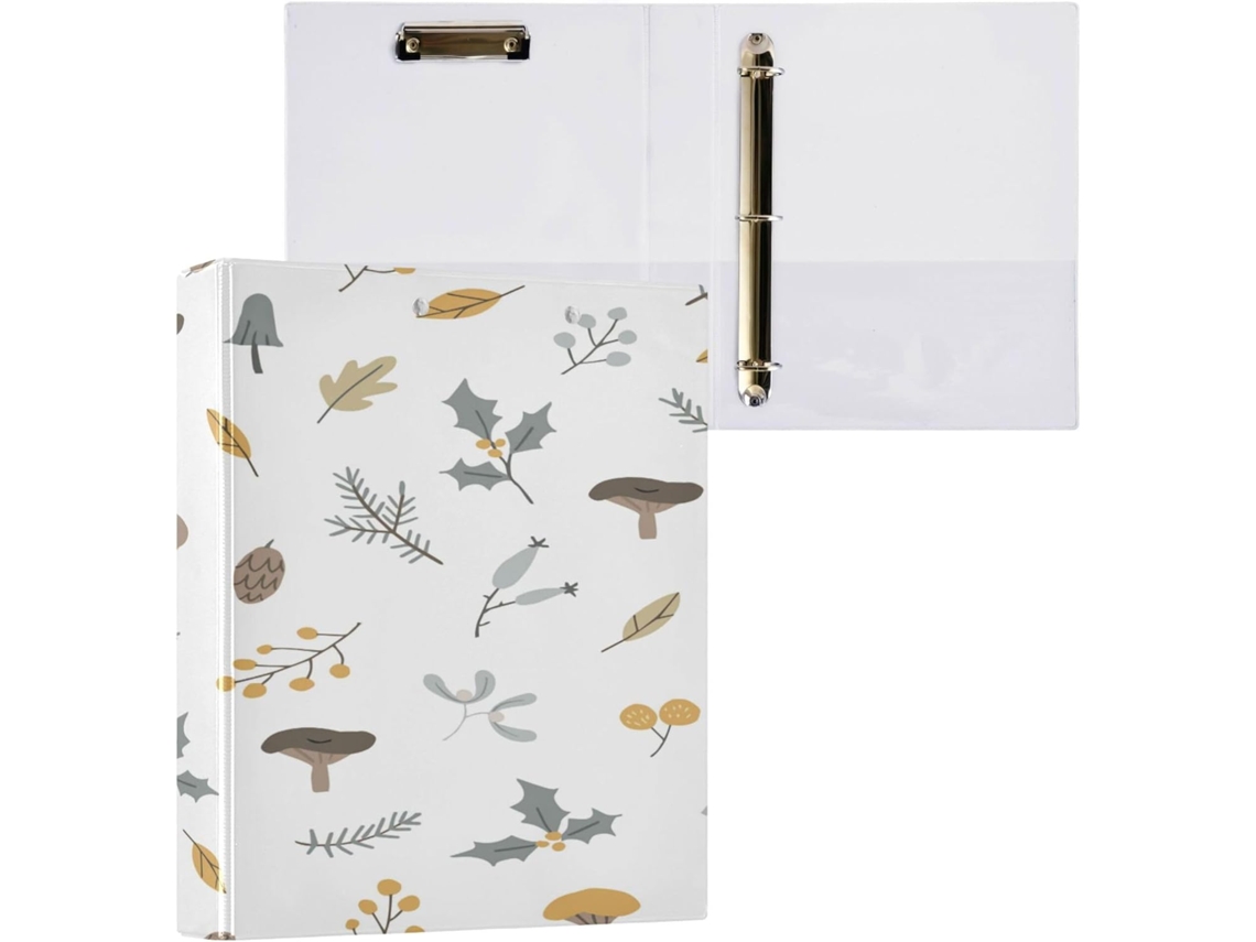 Pacote com 1 Pasta de Argolas 2,5 Cm Três e Bolsos Internos, 1/2 Pastas Escolares, Capa Dura, Estampa Cogumelo