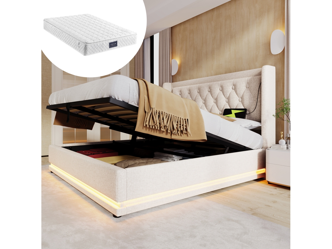 Cama Casal 140x200 Led Usb c Arrumação Bege