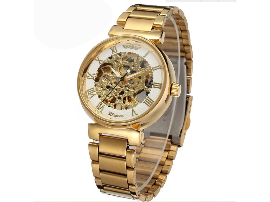 Relógio mecânico automático, resistente à água, em aço inoxidável, com pulseira de couro PU e design vazado.