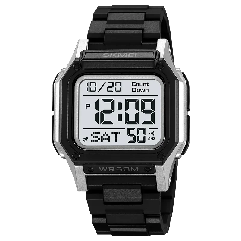 Relógio de pulso digital masculino MDUG com cronômetro retroiluminado e contagem regressiva (branco prateado)