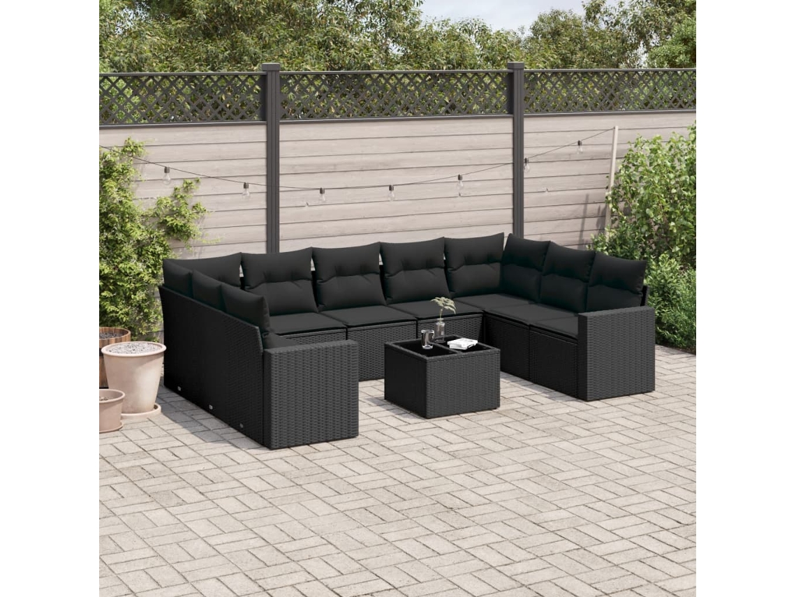 Vidaxl 10 Pcs Conjunto Sofás De Jardim C/ Almofadões Vime Pe Preto