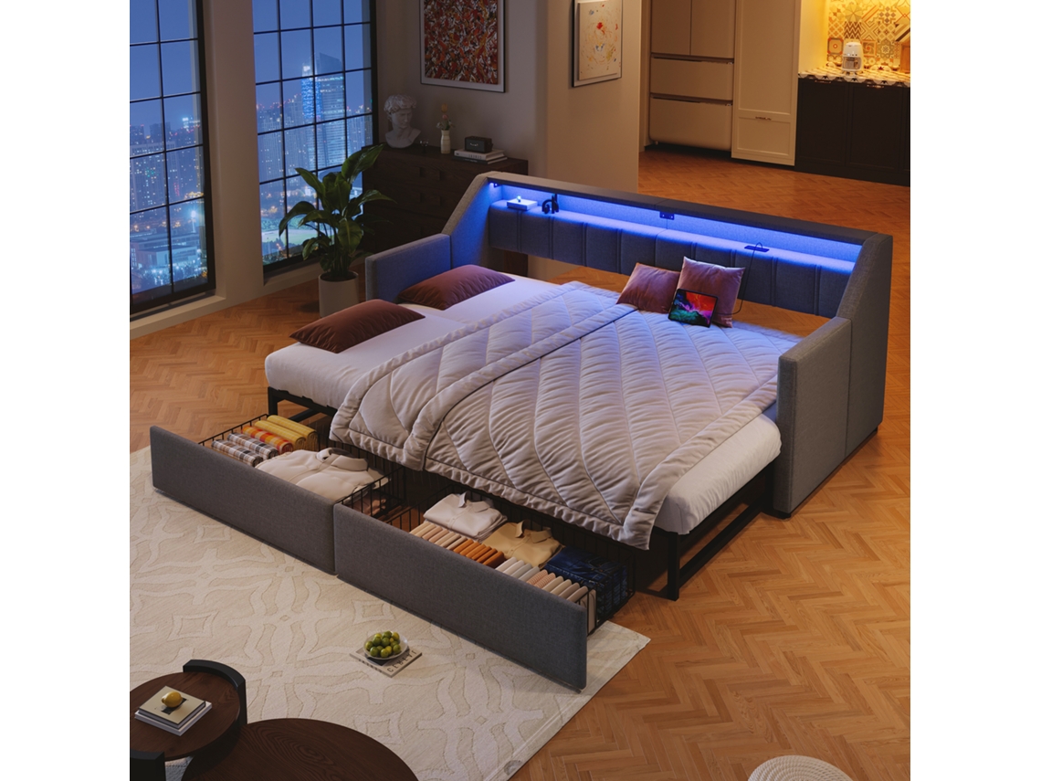 Cama De Dia 90x200cm: Usb/type-c, Led, 2 Gavetas, Armazenamento, Cinza, Sem Colchão.-op