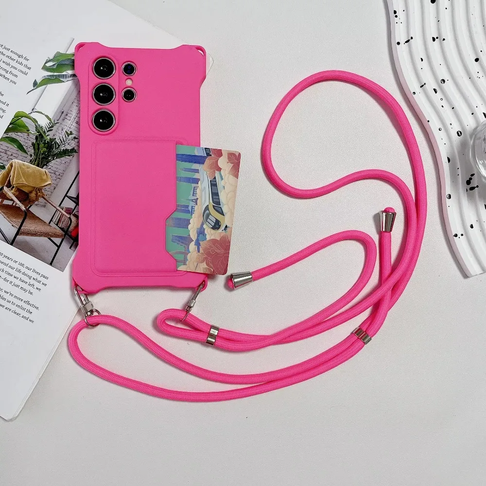 (rosa, Galaxy S25) Capa De Celular Em Silicone Macio Com Compartimento Para Cartão Sim, Cordão E Proteção Contra Impactos.