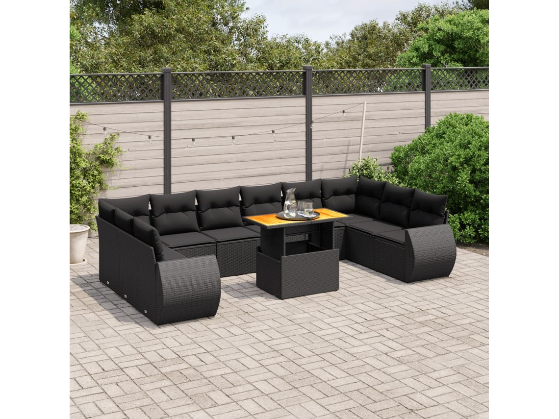 Vidaxl 11 Pcs Conjunto Sofás De Jardim C/ Almofadões Vime Pe Preto