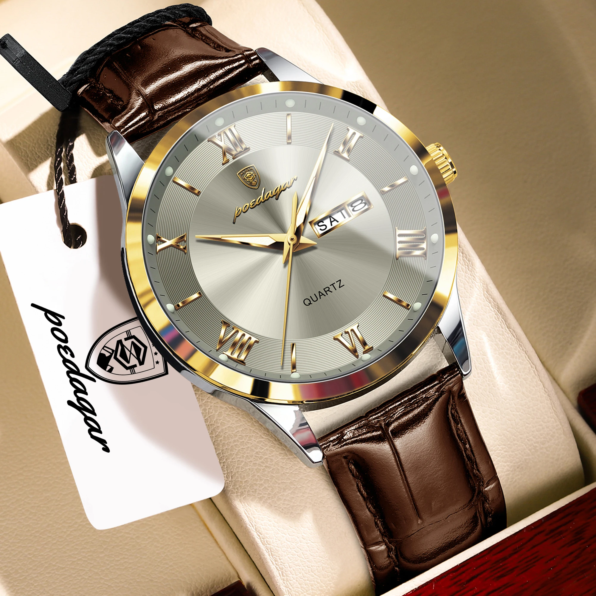 Relógio Masculino De Luxo (cinza-dourado), Pulseira De Couro Genuíno, À Prova D'água E Com Ponteiros Luminosos.