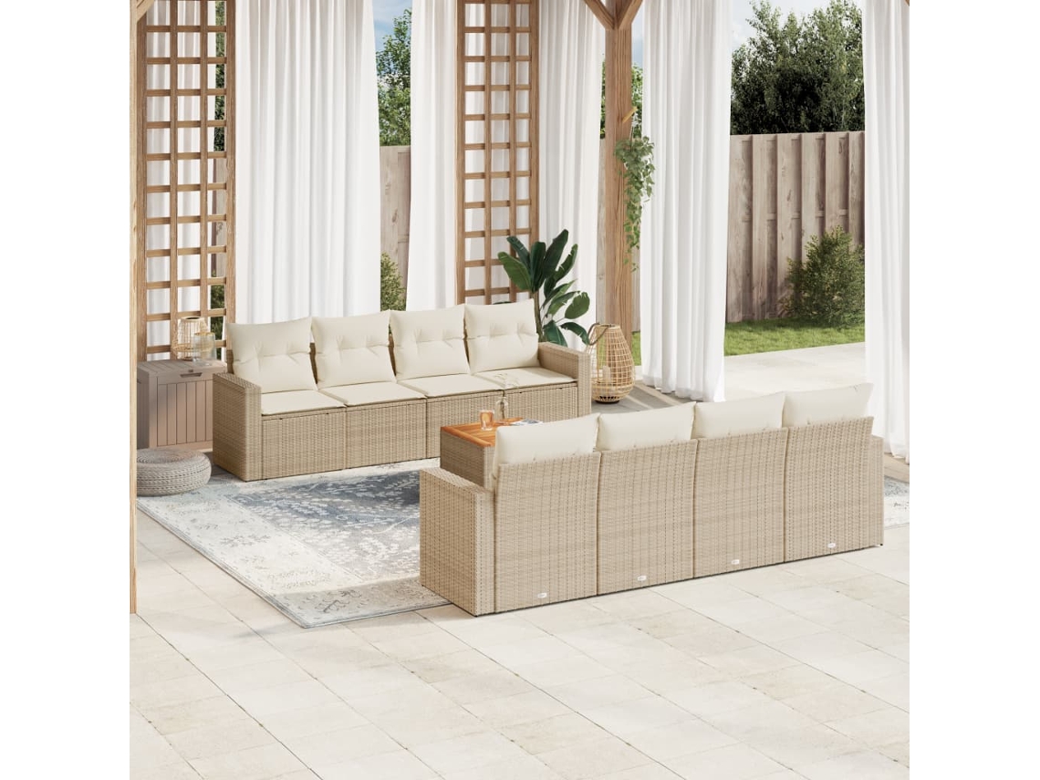 Vidaxl 9 Pcs Conjunto De Sofás P/ Jardim Com Almofadões Vime Pe Bege