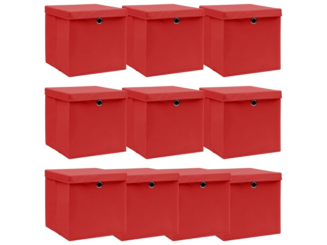 Vidaxl Caixas De Arrumação Com Tampas 10pcs 32x32x32cm Tecido Vermelho