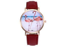 Relógio de Pulso Feminino de Quartzo com Pulseira de Couro Pu Estilo Simples e Dial Redondo Vermelho