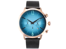 Relógio masculino de quartzo com pulseira de malha metálica, mostrador redondo preto e verde menta.
