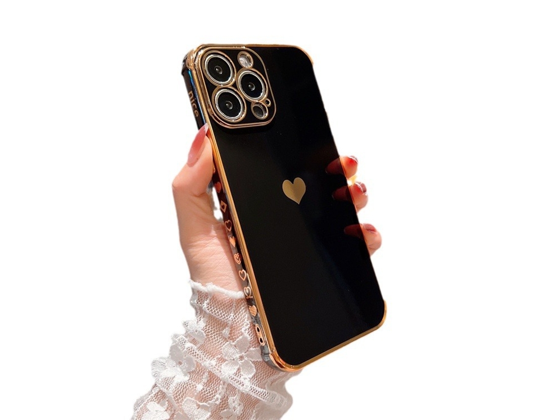 Capa Para Iphone 16 Plus Feminina, Estilo Mole, Com Coração, Luxuosa, Dourada, Macia, Protetora Para Câmera, Em Silicone