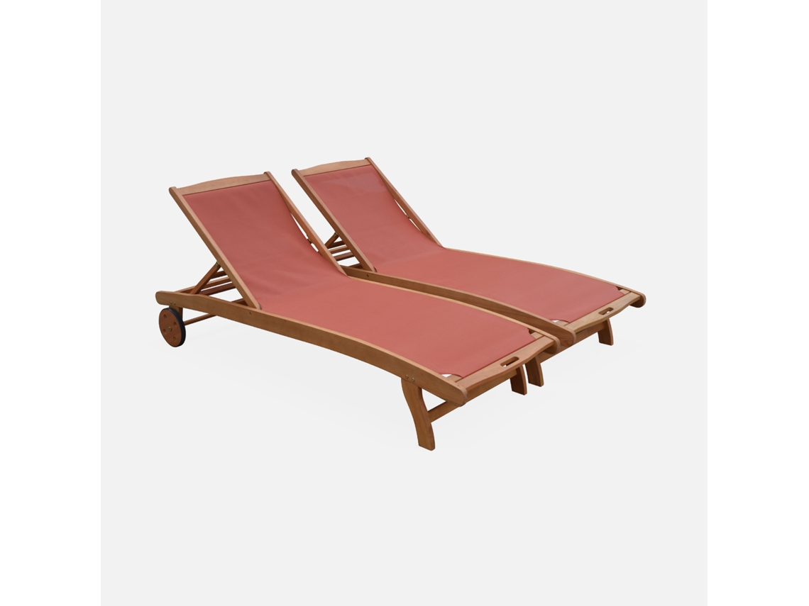 Espreguiçadeira Multiposições Em Madeira Com Rodas, Set De 2, Terracota