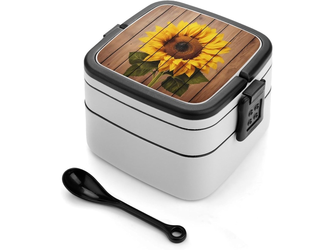 Lancheira De Dois Compartimentos Com Estampa Girassol E Caixa Bento Madeira Para Adultos, Com Colher E Alça, À Prova De