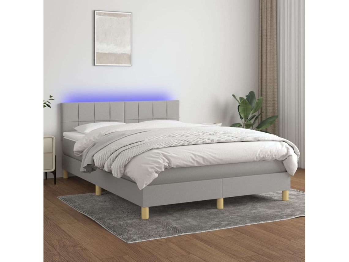 Cama box spring c/ colchão e LED 140x200 cm tecido cinza-claro