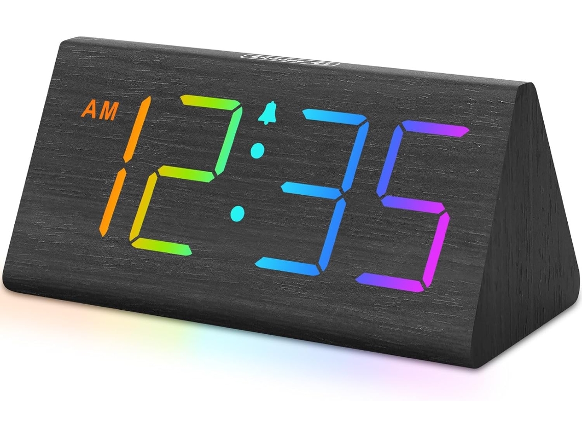 Lurelia Despertador De Madeira Com Bateria Recarregável, Acabamento Em Madeira, Alimentação Usb, Brilho Ajustável, Função Snooze, Preto Rgb