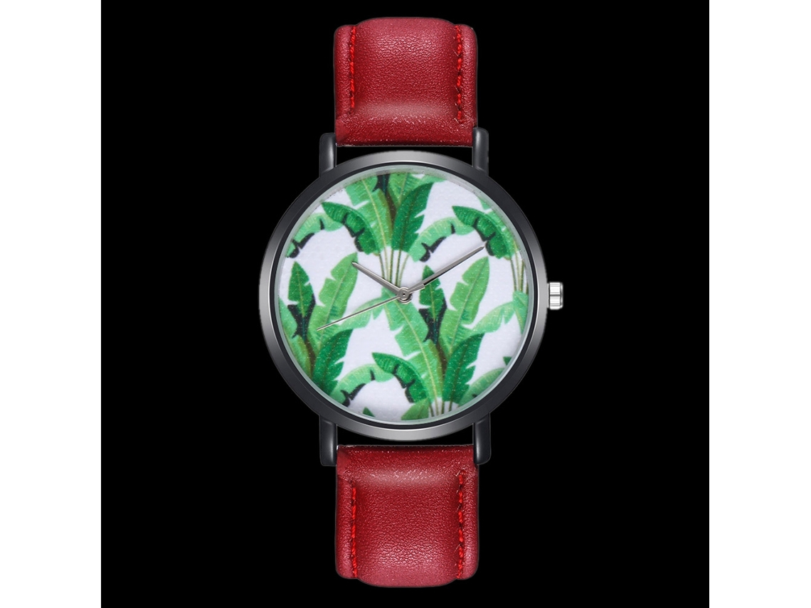 Relógio de quartzo unissex para casal Zhoulianfa com pulseira de PU verde com estampa de folha (vermelho)