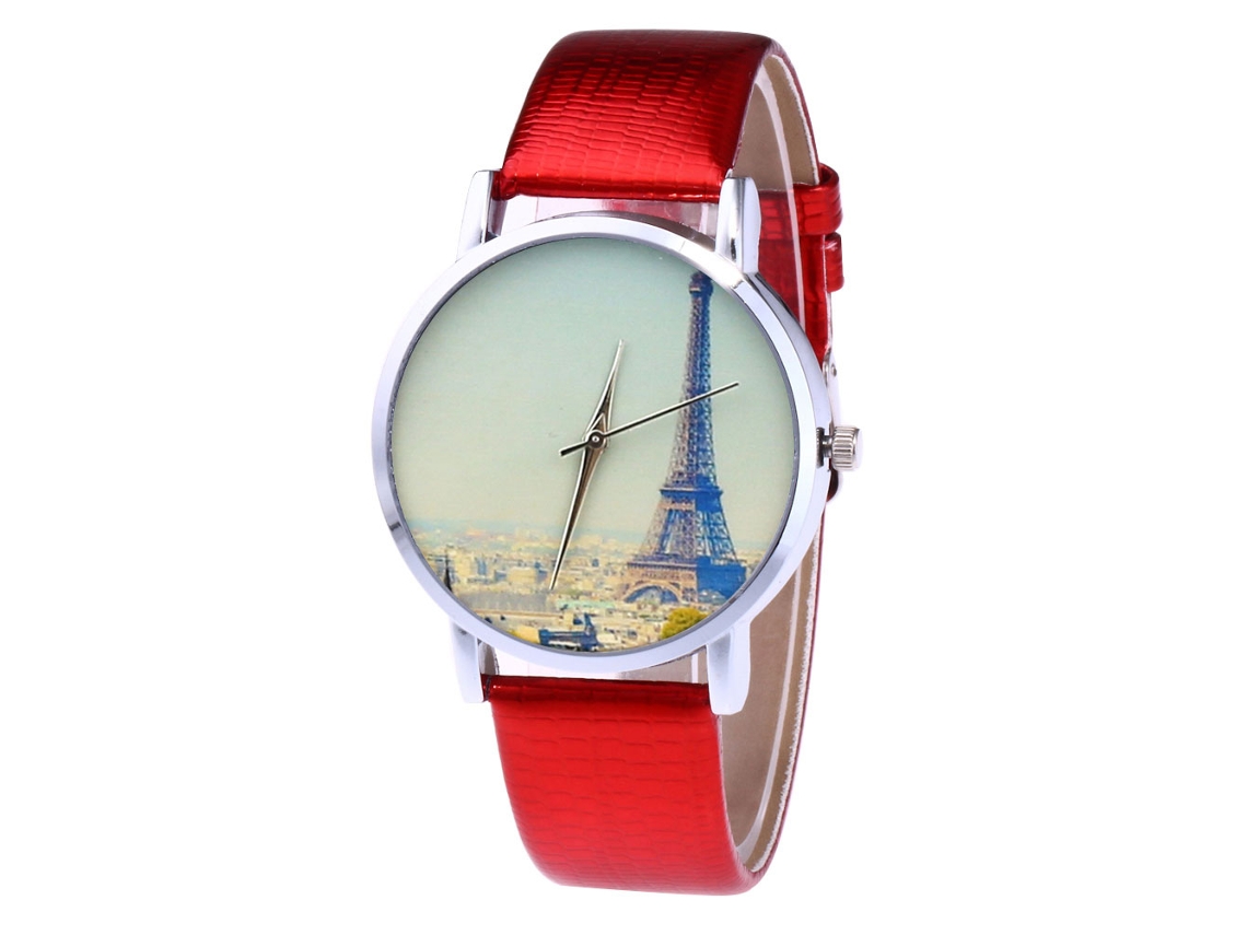 Relógio de pulso unissex de quartzo com pulseira de couro PU Torre Eiffel T420-yx vermelho