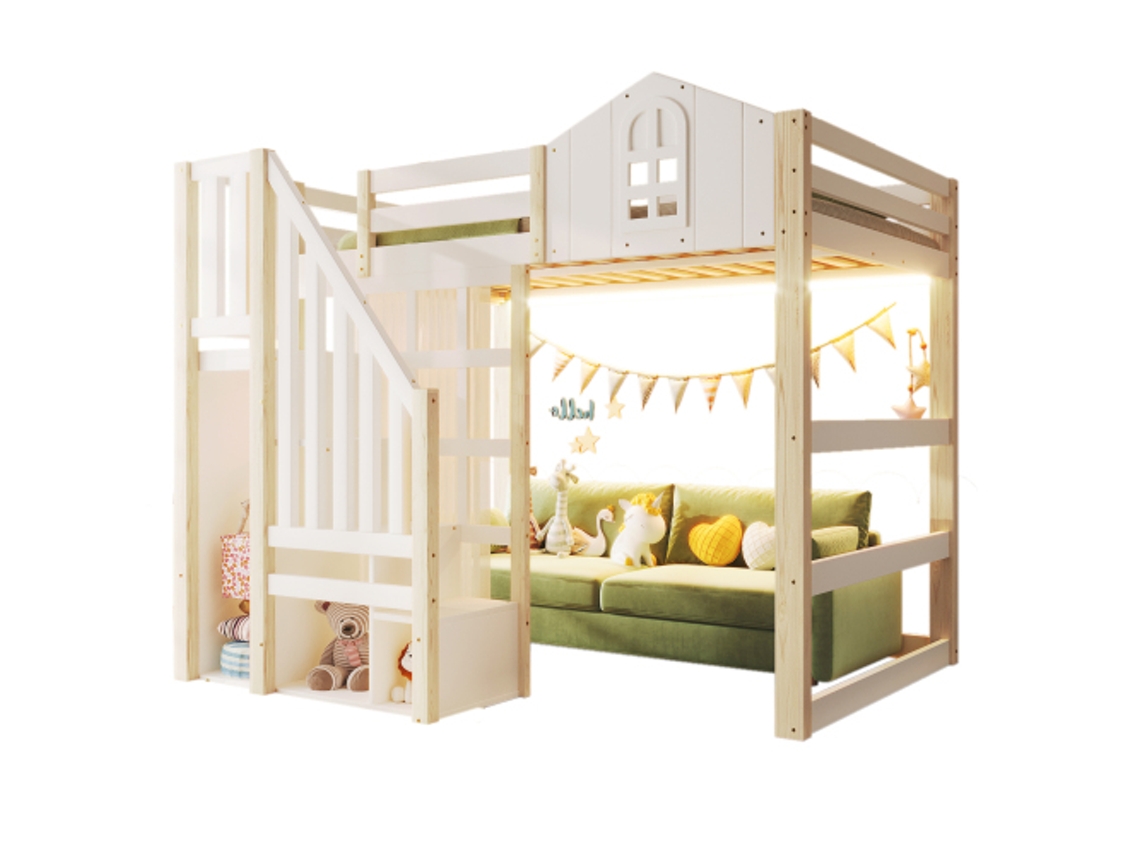 Cama Alta, 140x200cm, com Luzes Led, Design com Janela, Escada de Arrumação, Compartimento de Arrumação Aberto, Tela Mosquiteira, Sem Colchão DELCOND